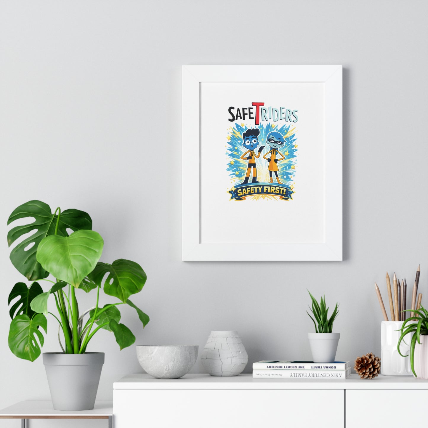 Framed Poster — "Safe Riders: Safety First!" Kids Safety Room Art