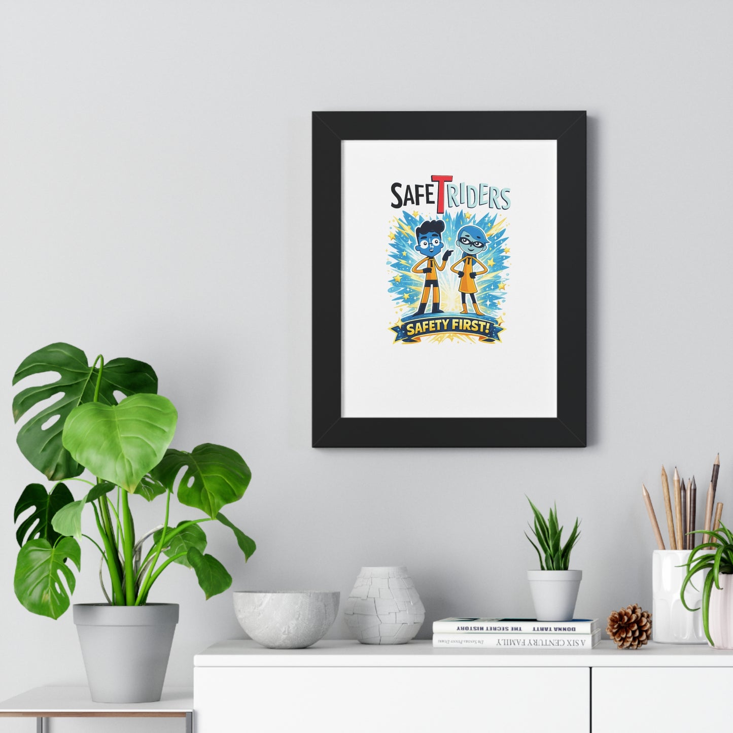 Framed Poster — "Safe Riders: Safety First!" Kids Safety Room Art